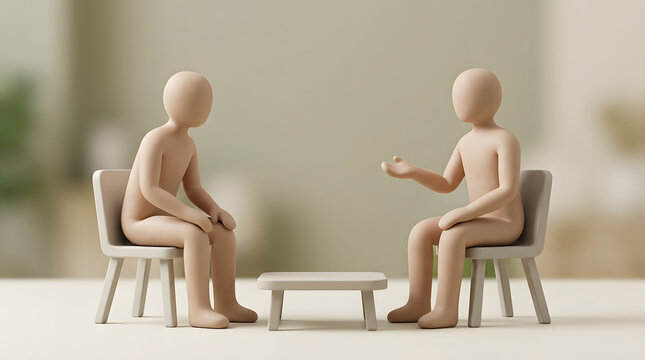 Two people talking, sitting in chairs and communicating, small coffee table and neutral furniture, blurred minimalist indoor office space, professional business meeting corporate coaching concept art