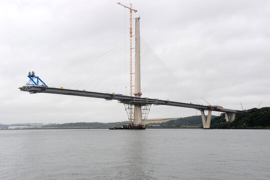 View into land of the New Forth Road Bridge under construction, Firth of Forth, Edinburgh, Scotland, UK