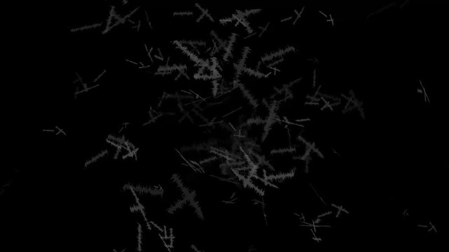 Jagged white lines and crosses animation moves on a dark background. Abstract digital cyber glitch forms shape these jagged white lines. Modern grunge graphic art animates the jagged white lines.