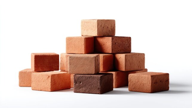 Pile of Bricks: A neat stack of red bricks, some lighter and some darker, are arranged in a pyramid shape.