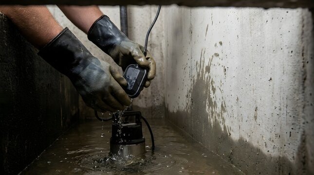 Professional plumber in rubber gloves testing a float switch for a mechanical sump pump in a concrete basement