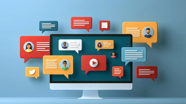 Computer monitor displaying online social media communication. Monitor with chat bubbles and user icons representing online communities and digital interaction