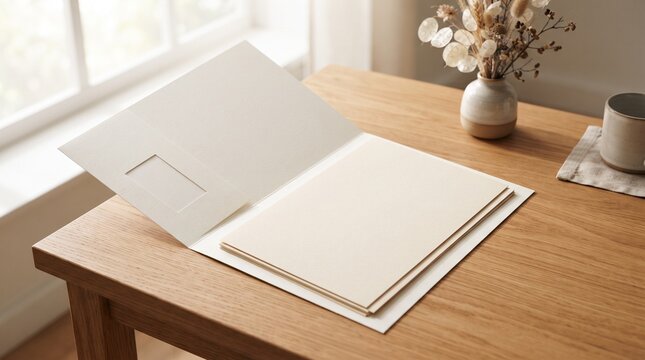Blank Open Ivory Presentation Folder Mockup on Wooden Desk with Warm Natural Light