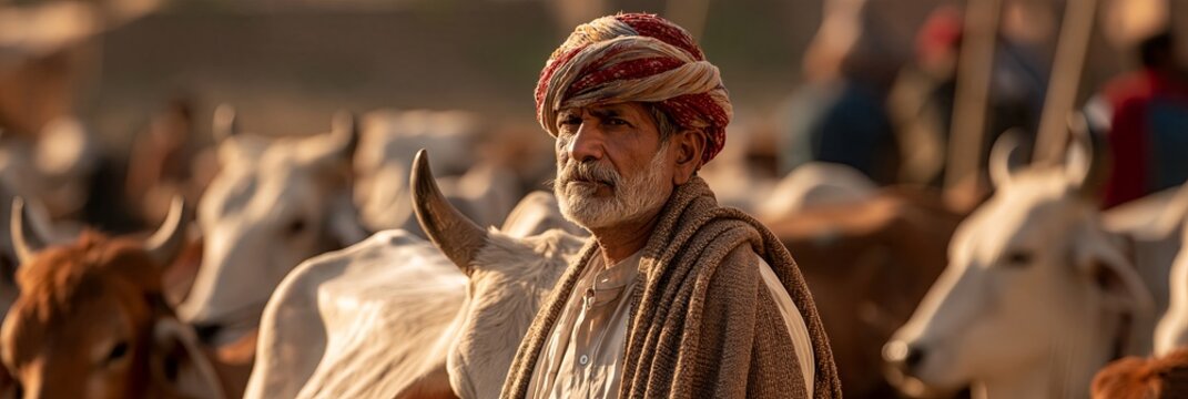 Man herder looking at camera with cattle. Older man wearing a turban and shawl, standing among his cattle