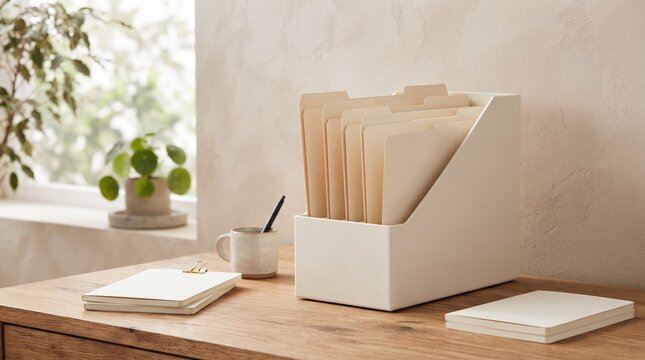 Document organizer on wooden desk in bright minimalist home office setup with folders