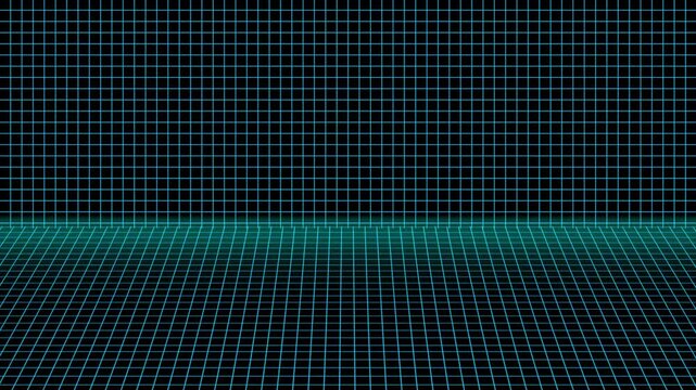 Retro futuristic grid landscape animation extends with cyan lines. Cyberspace matrix perspective terrain moves on the grid landscape. Retro 80s synthwave visual effects fill the grid landscape.