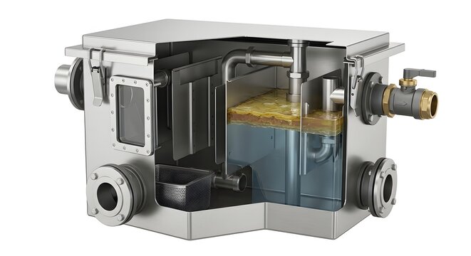 Detailed Cross-Section 3D Render of a Commercial Stainless Steel Grease Trap Interceptor