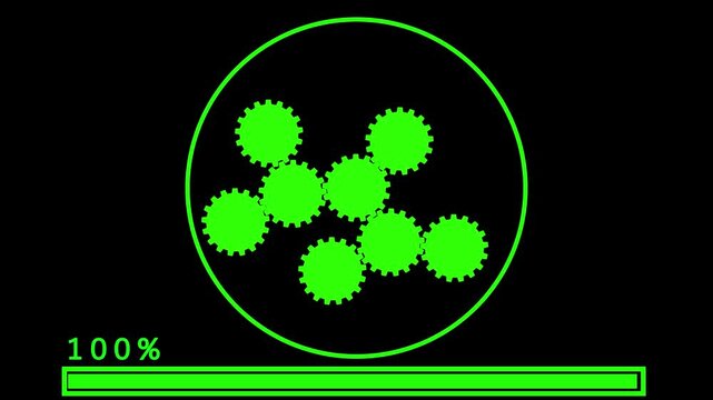 Green gears and progress bar animation tracks fifty nine percent data. Mechanical system loading updates on the gears and progress bar. Automated software buffering runs on this progress bar.