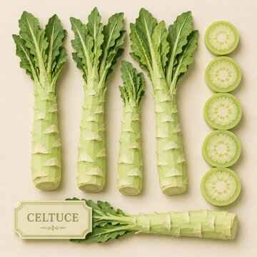 Celtuce stems illustrated using layered paper cut shapes with leafy tops and sliced cross-sections, featuring pale green and cream tones, clean edges, shadows, minimal background.