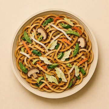 Chow mein noodles illustrated from above using layered flowing paper cut strands mixed with vegetables, dynamically arranged in warm golden, brown, green tones, clean edges, shadows.