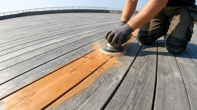 Worker using orbital sander on weathered wooden terrace deck restoration project outdoors on bright sunny day.