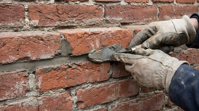Close up of gloved hands using a trowel to apply fresh cement mortar between red clay bricks on a house's wall
