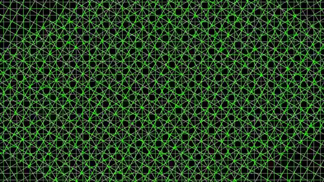 Geometric grid pattern animation displays green and white line mesh. Modern abstract digital vector art shapes this geometric grid pattern. High tech matrix screen perspectives fill the grid pattern.