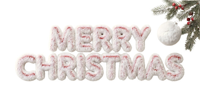 Merry Christmas white fluffy fur text with red accents and pine branch elegant 3d