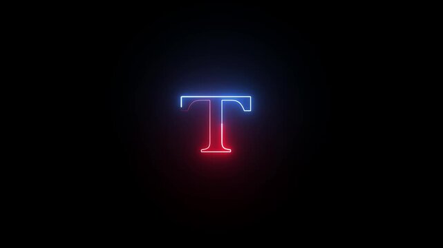 Neon glowing letter t sign with red and blue light effects against a solid black background a t icon rendered with and outline set