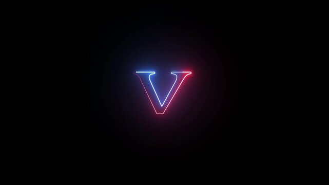 Neon glowing letter v with blue and red split light effect the uppercase v illuminated with a glow featuring a and color gradient
