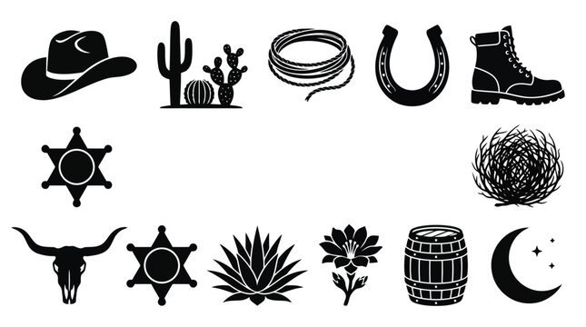 Wild West black silhouette icons, 13 cowboy desert elements vector set, western ranch equipment and cactus symbols for rustic branding