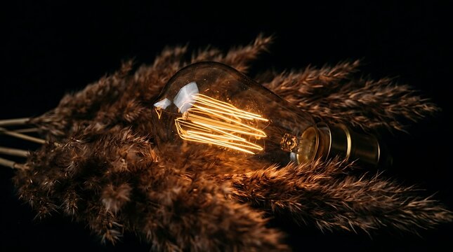Decorative vintage edison light bulb placed within fluffy brown pampas grass on dark background for cozy aesthetic.