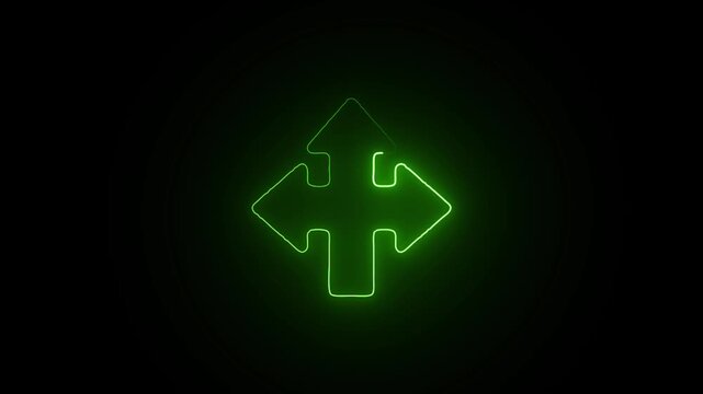 Neon green glowing arrow icon pointing in four cardinal directions a digital graphic of a bright symbol towards north