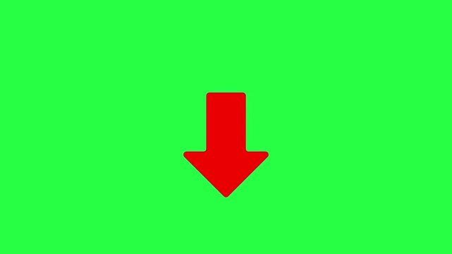 Bold red arrow pointing downwards centered on a green background a flat icon against solid bright backdrop