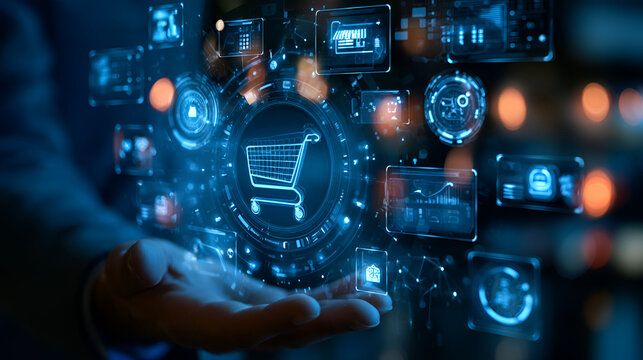 AI ecommerce automation and online shopping platform concept. showing smart cart, chatbot, marketing icons, store management, sales analytics, workflow tool, digital retail growth, business technology