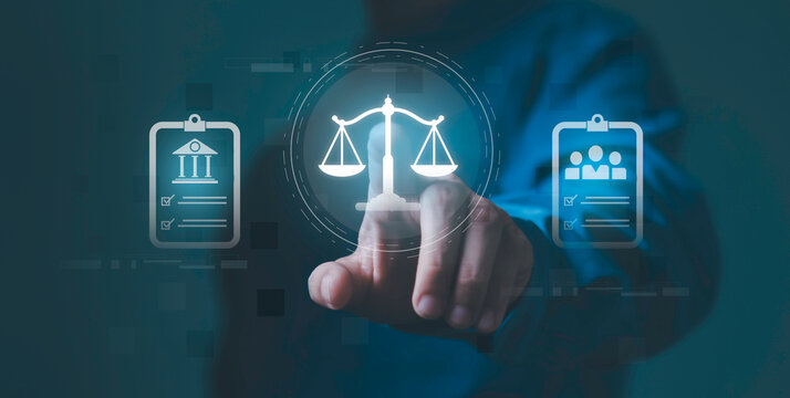 Digital compliance concept combining legal scales, banking, checklist and policy symbols. Represents financial regulation, corporate governance, risk management, auditing, compliance and legal review.