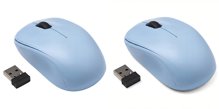 Mouse with light blue matte shell and USB receiver dongle as a PNG isolated on a transparent background for commercial product design use