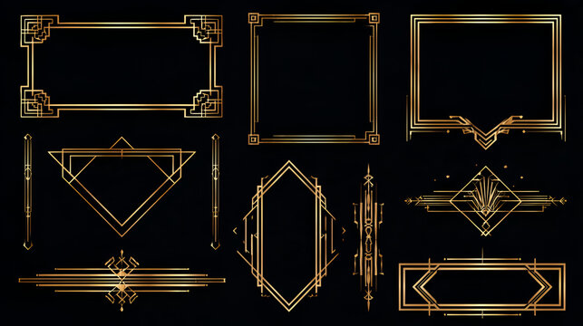 Art Deco frame. Geometric ornament border. Vintage 1920s luxury golden style dividers, corners, frames, headers. Retro elegance element for invitation, card, poster. Vector set Stock Vector