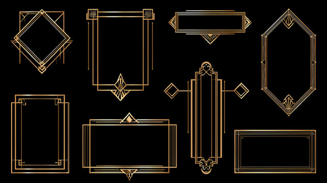 Art Deco frame. Geometric ornament border. Vintage 1920s luxury golden style dividers, corners, frames, headers. Retro elegance element for invitation, card, poster. Vector set Stock Vector