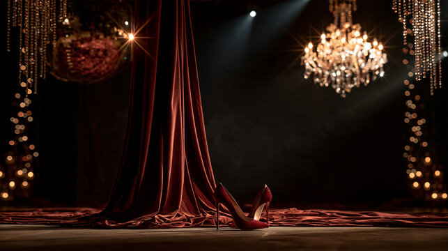 Red velvet stage curtain with high heel. 