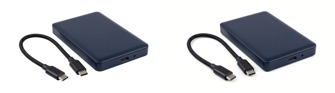 External hard drive with navy blue case and braided USB C cable as a PNG isolated on a transparent background for commercial product design use