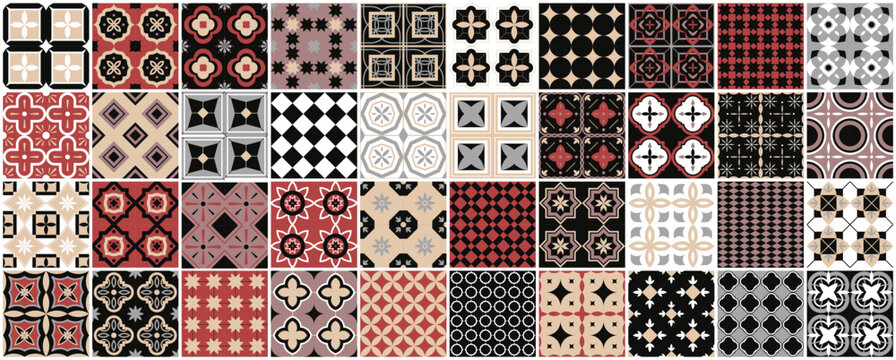 Collection of color seamless geometric tile mosaic patterns. Decorative vintage ornamental backgrounds. Vector repeatable tileable prints