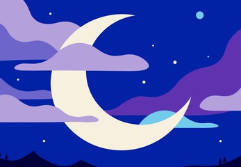 Dreamy crescent moon surrounded by soft clouds and deep blue night sky in magical fantasy scenery © captanjacksparrow