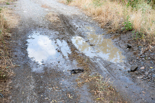 Muddy dirt road with puddles reflecting the sky, wet ground after rain, off road track outdoors