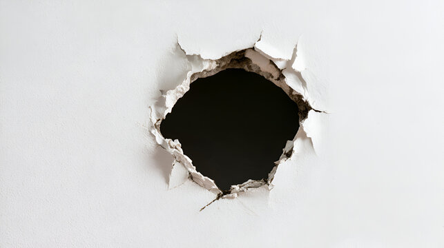 Circular breach in white plaster wall with dark interior cavity isolated on white background background .