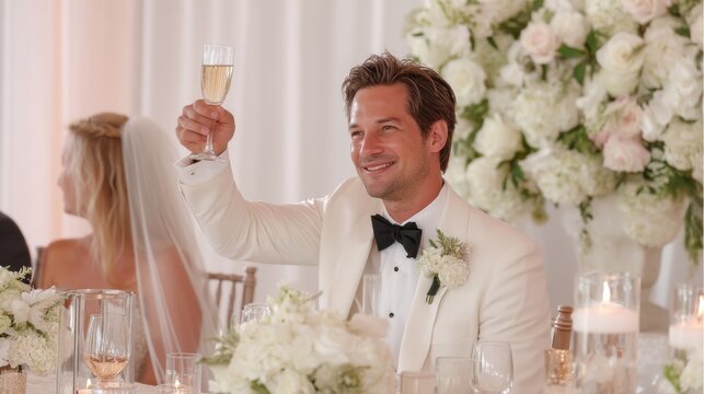 Elegant Man Toasting with Champagne at Luxurious Wedding Reception with Floral Decoration and Formal Setting