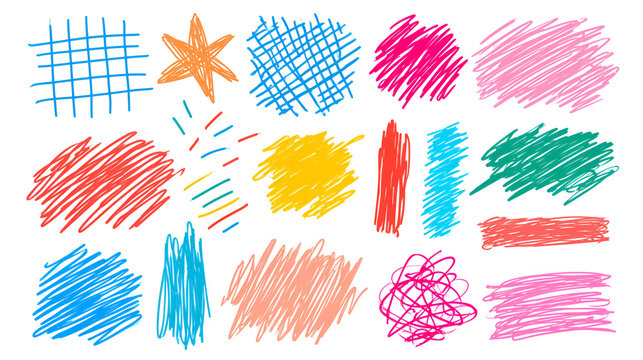 Colorful crayon drawn scribbles and pencil scratches for notes and childish design. Hand drawn grid, star, crosshatch and squiggles. Pencil texture doodles, naive crayon strokes