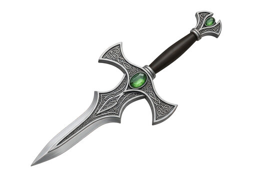 Intricate fantasy dagger with green gem isolated on transparent background