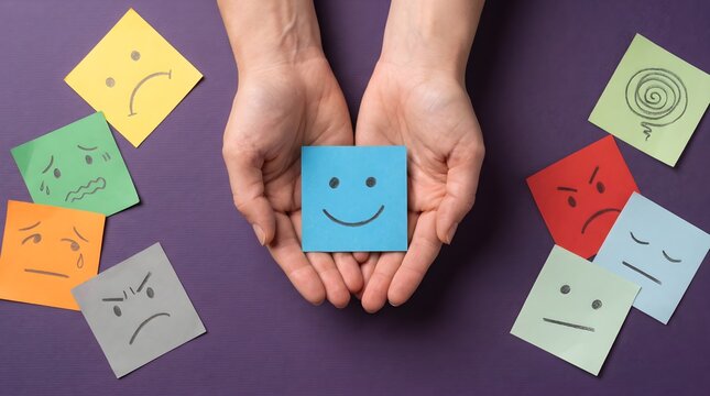 Mental Health and Emotional Wellbeing Concept with Colorful Emotion Cards