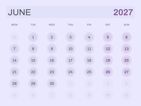 Calendar for June 2027 on light purple background