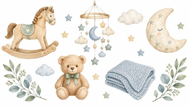Watercolor baby nursery elements with rocking horse teddy bear and moon mobile