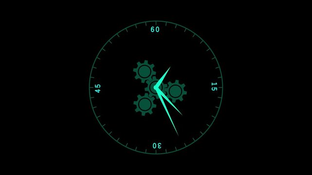 Teal clock face animation rotates with internal gears and numbers. Smart mechanical timekeeping telemetry operates this teal clock face. Precise chronological time tracking runs on the clock face.