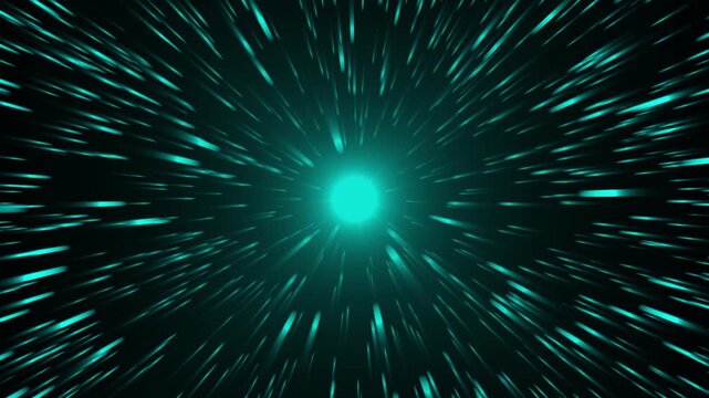 Teal light streaks animation radiates outward from a central orb. High speed cosmic acceleration rays stream along the light streaks. Dynamic futuristic warp motion powers these teal light streaks.