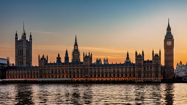 The Palace of Westminster with Elizabeth Tower in London at sunset