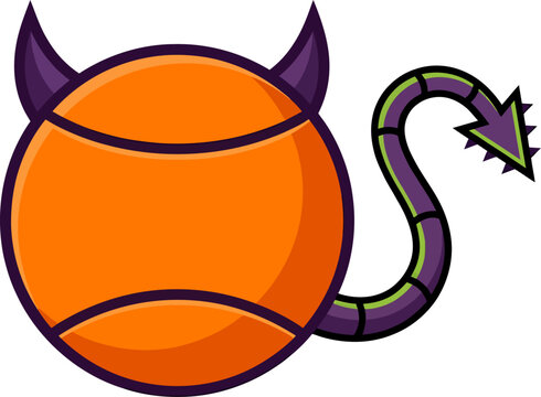 Cartoon tennis ball devil mascot with horns and tail isolated on white