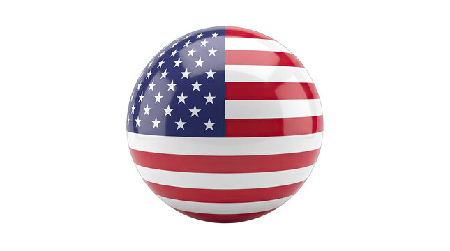 A glossy three dimensional sphere featuring the united states of america flag design presented as an isolated on transparent background