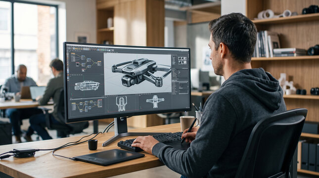 Designer working on a 3D drone model in a modern office