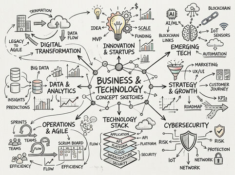 Business and technology concept sketch featuring hand drawn diagrams flowcharts and icons illustrating innovation digital transformation and strategy