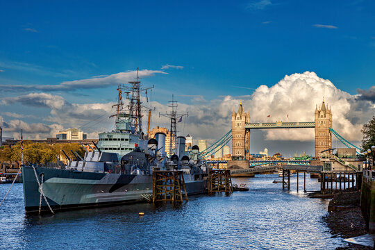 The historic light cruiser HMS Belfast, which serves as a floating museum ship permanently moored on the River Thames in London