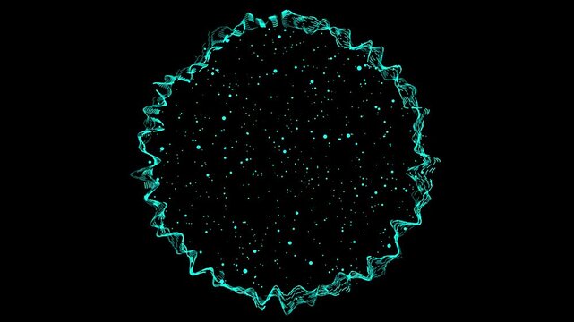 Cyan abstract sphere animation floats with wavy edges and particles. Futuristic 3D liquid ball graphics animate this abstract sphere. Dynamic ambient lighting effects illuminate the cyan sphere.